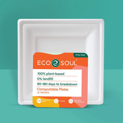 Eco-friendly 10inch square plate made of compostable material, in pearl white color.