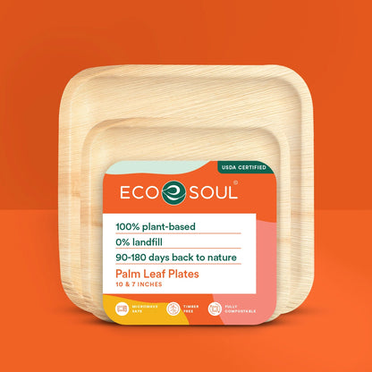 Eco-friendly plate set featuring compostable palm leaf plates in 10-inch and 7-inch square sizes.