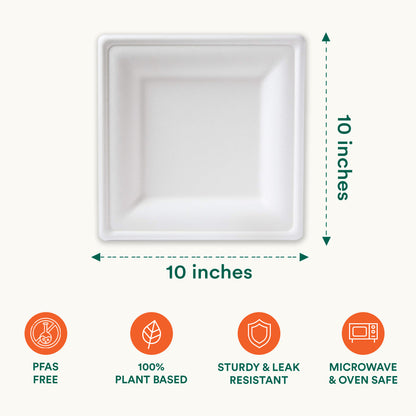 Square pearl white compostable plates, eco-friendly and stylish, perfect for serving meals at events.