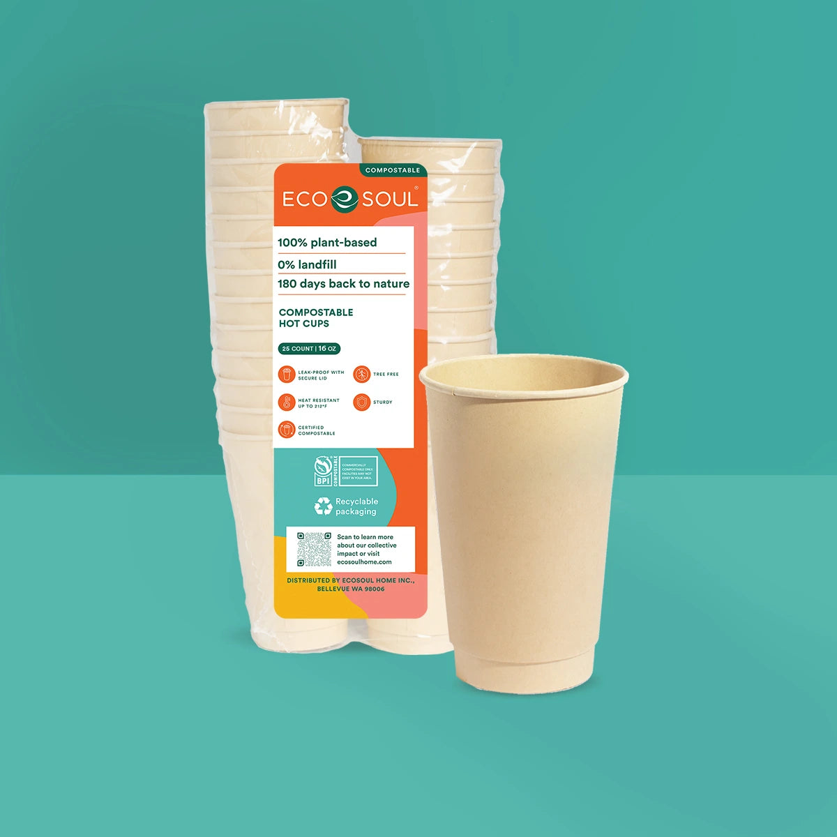 Eco-friendly 16oz compostable hot cups without lids made from bagasse