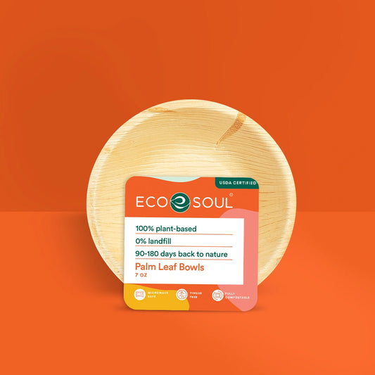 Eco-friendly palm leaf plate, perfect for sustainable dining. Made from palm leaf, compostable, and measures 5 inches in diameter.