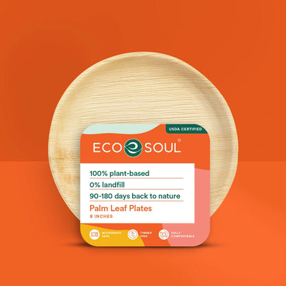 Eco-friendly 8 Inch round plate made from compostable palm leaf.