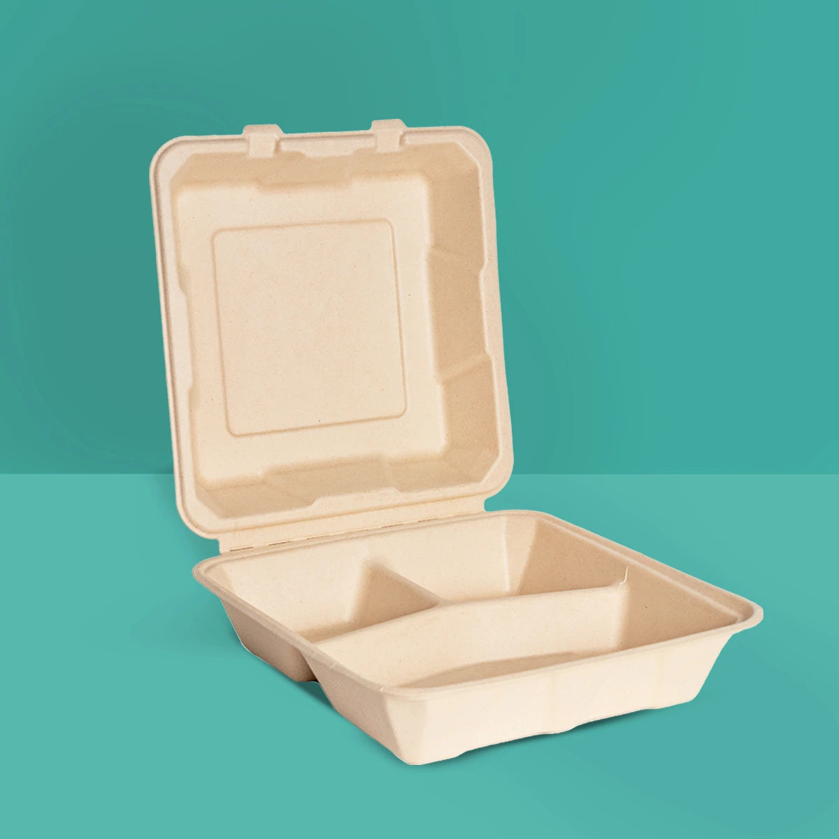 Eco-friendly 9 inch square compostable clamshell with 3 compartments