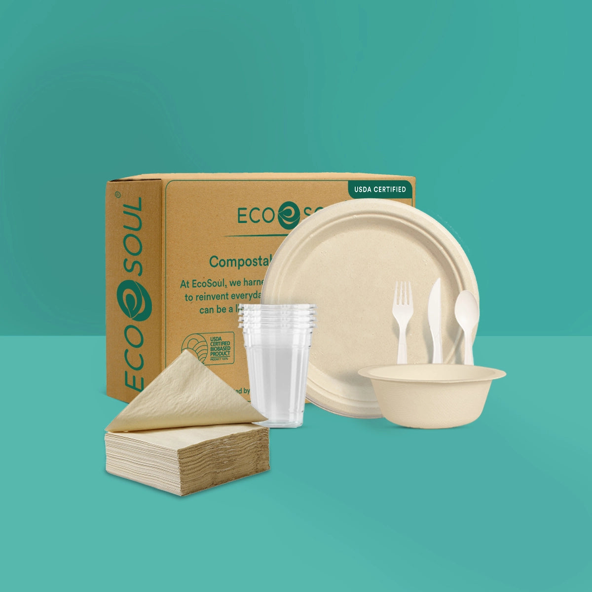 Eco-friendly party set with round plates, bowls, and more products