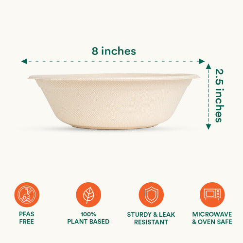 A 34oz Compostable bowl with measurements and features, perfect for eco-friendly dining.