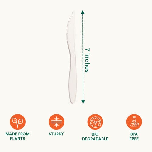 Image Shows size and features of Compostable Knife Set