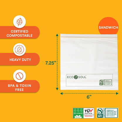 Compostable Sandwich Resealable Bags - 7.25" X 6"