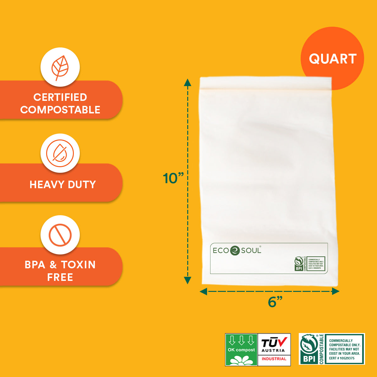 Compostable Quart Resealable Bags - 10" x 6"