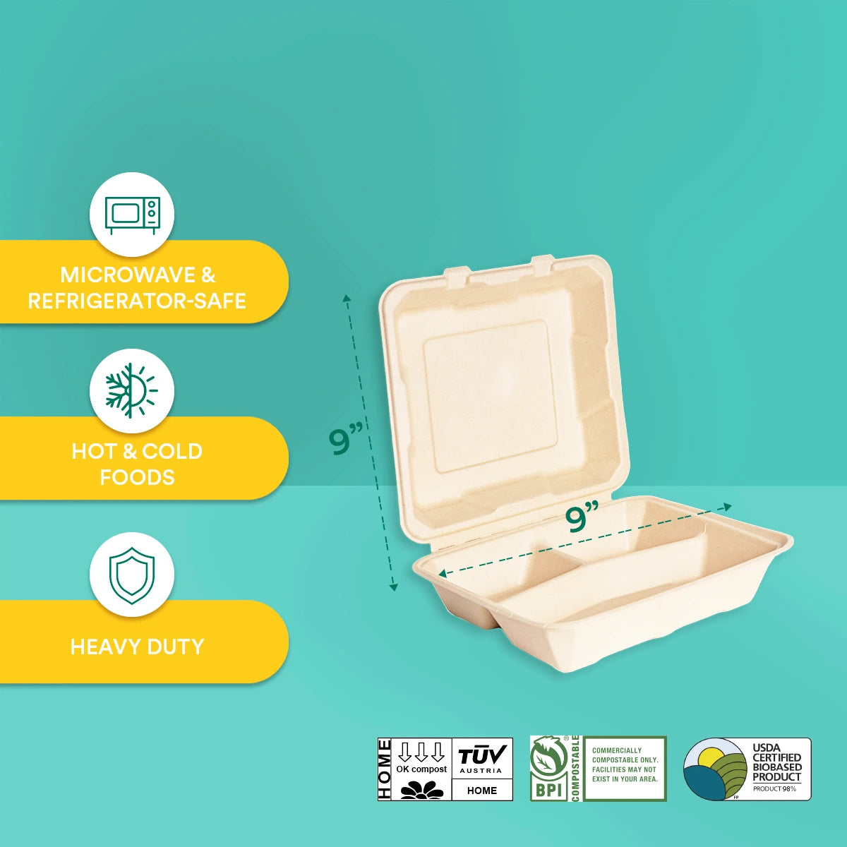 9 inch 3 compartment compostable takeout container good for hot and cold foods