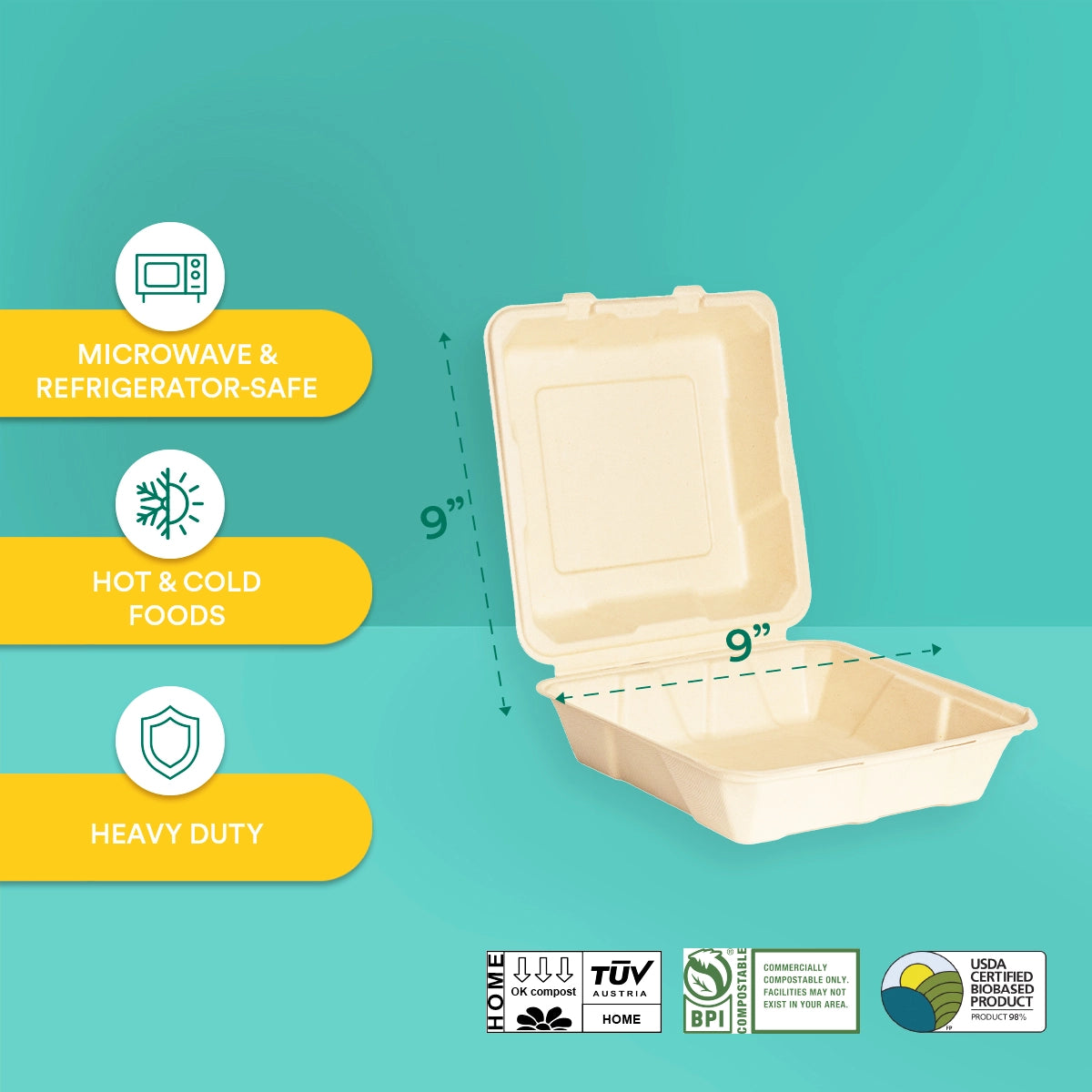 9 inch compostable Clamshell for food storage 