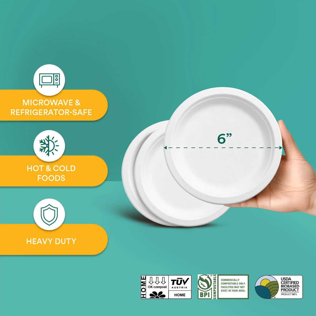 6 inch round compostable plates for hot and cold foods