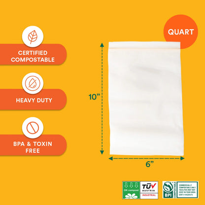 Compostable Quart Resealable Bags - 10" x 6"