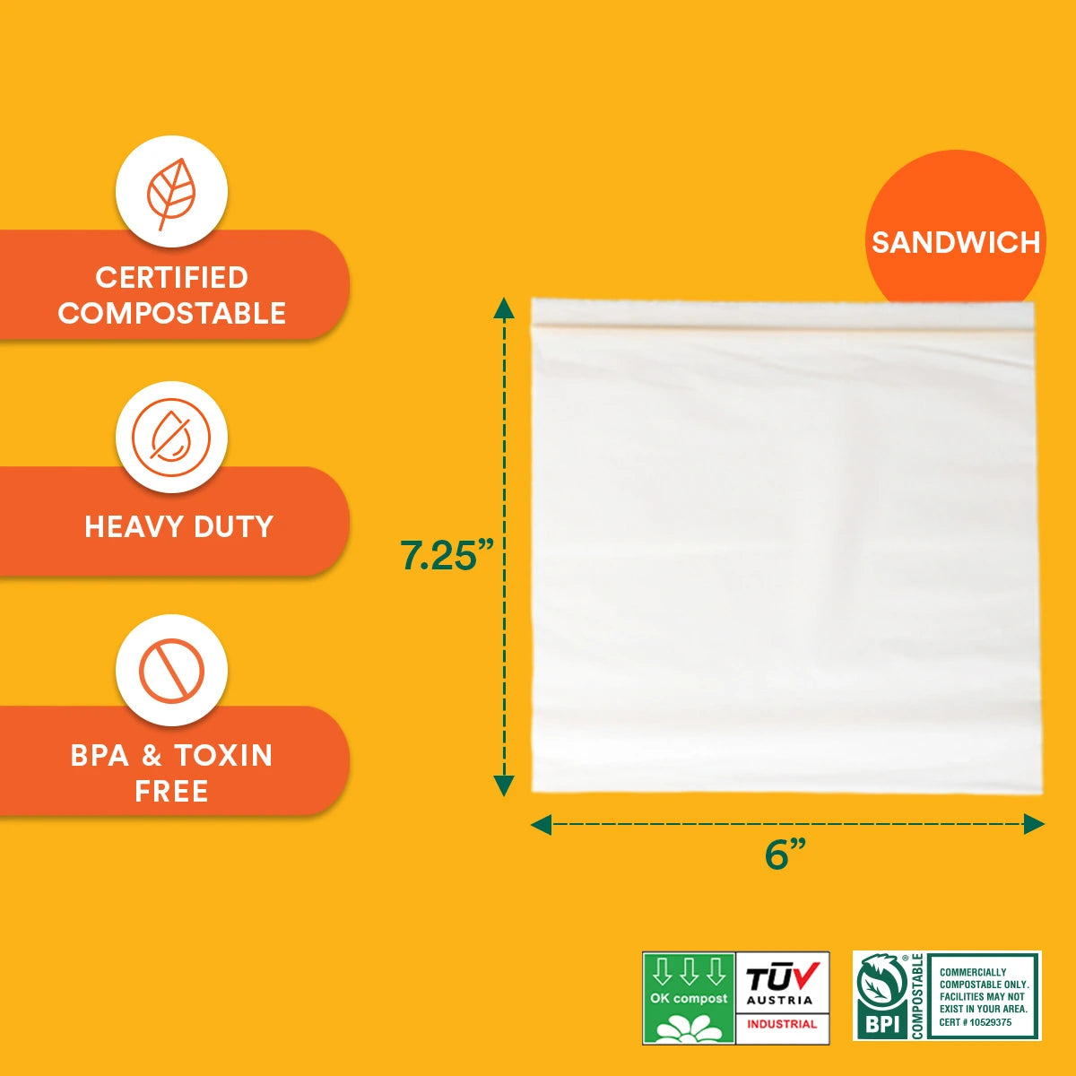 Compostable Sandwich Resealable Bags - 7.25" X 6"