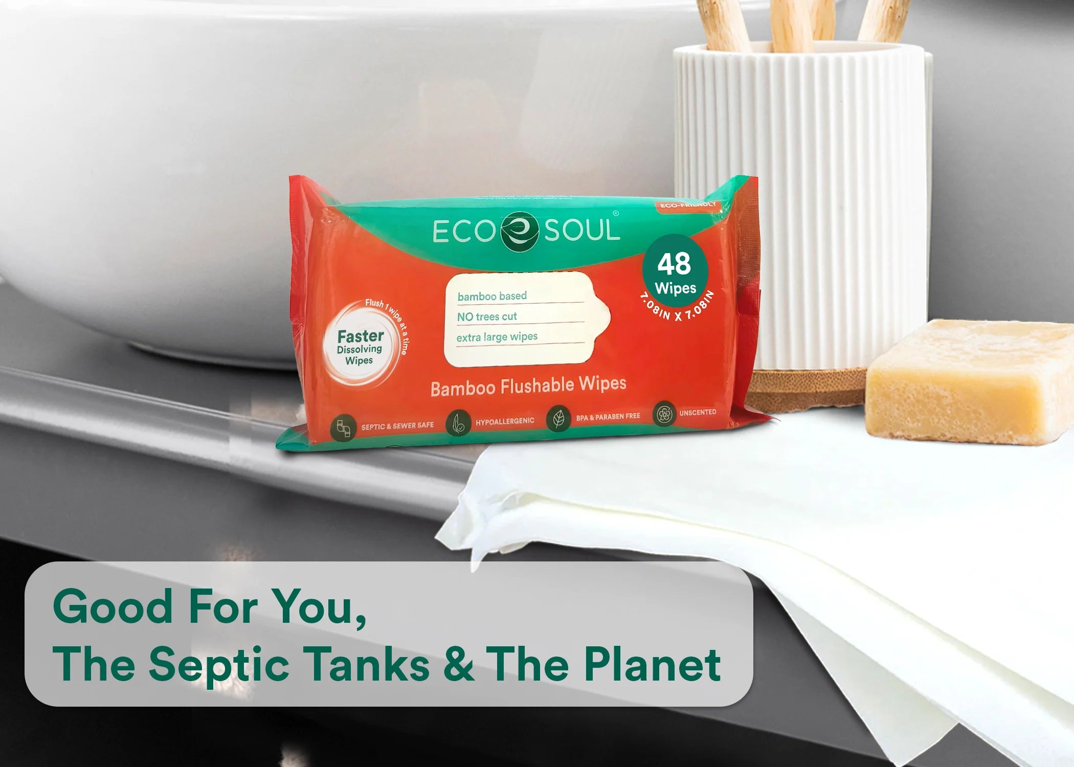 Made from 99% water tree-free flushable wipes