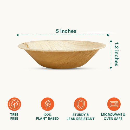 Showcasing features and measurments of Compostable 5 Inch Round Palm Leaf Bowls