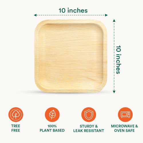 A square palm leaf plate with measurements and markings, showcasing its size and features.