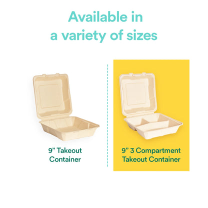 Single and three-compartment clamshell takeout containers in multiple sizes