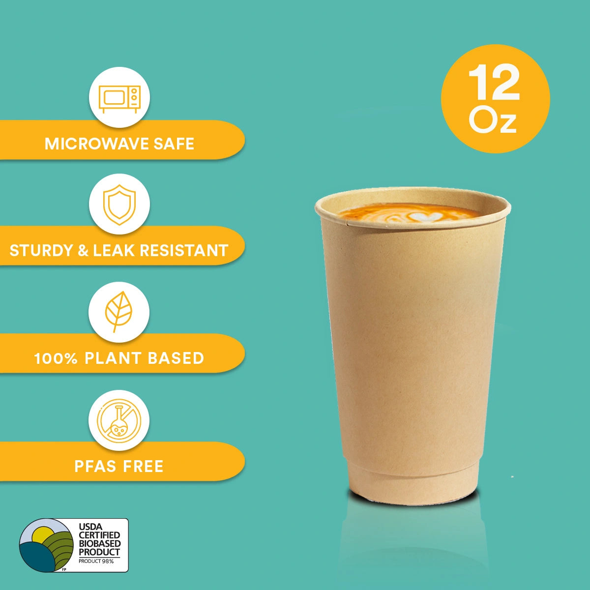 12 oz compostable hot cups leakproof and 100 plant-based.