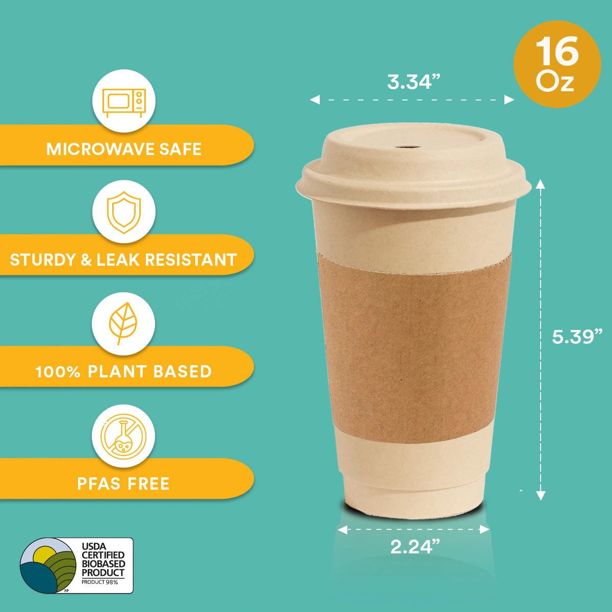 16 oz eco-friendly hot cups with lids and sleeves