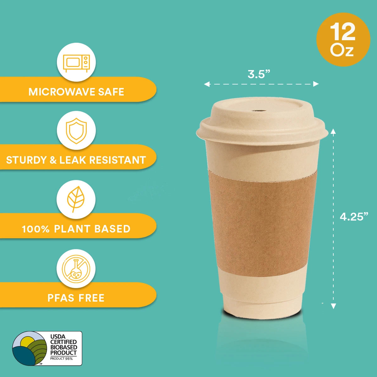 12 oz PFAS Free hot coffee cup with Lids and Sleeves 