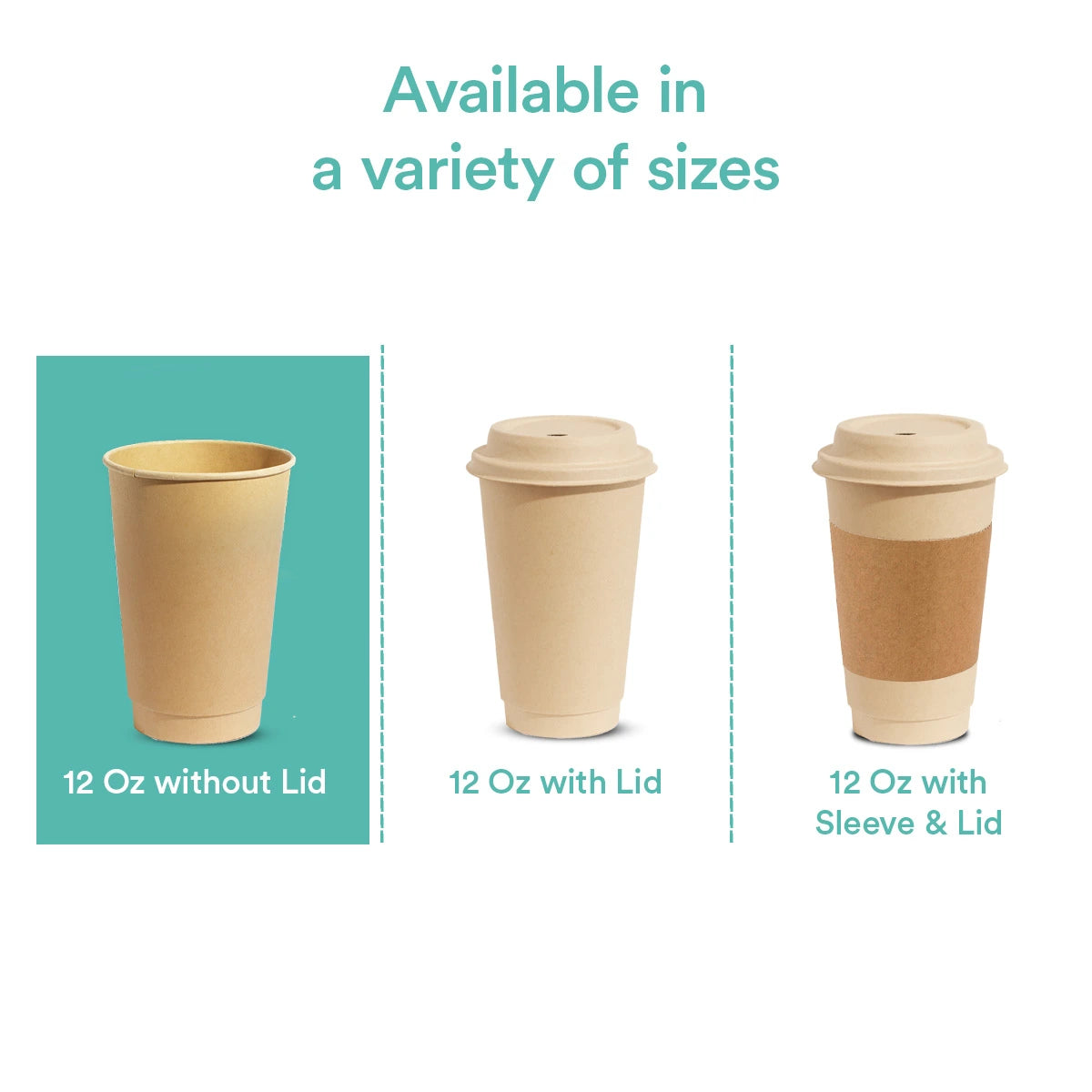 100% Natural Compostable coffee cups in multiple sizes made from bagasse