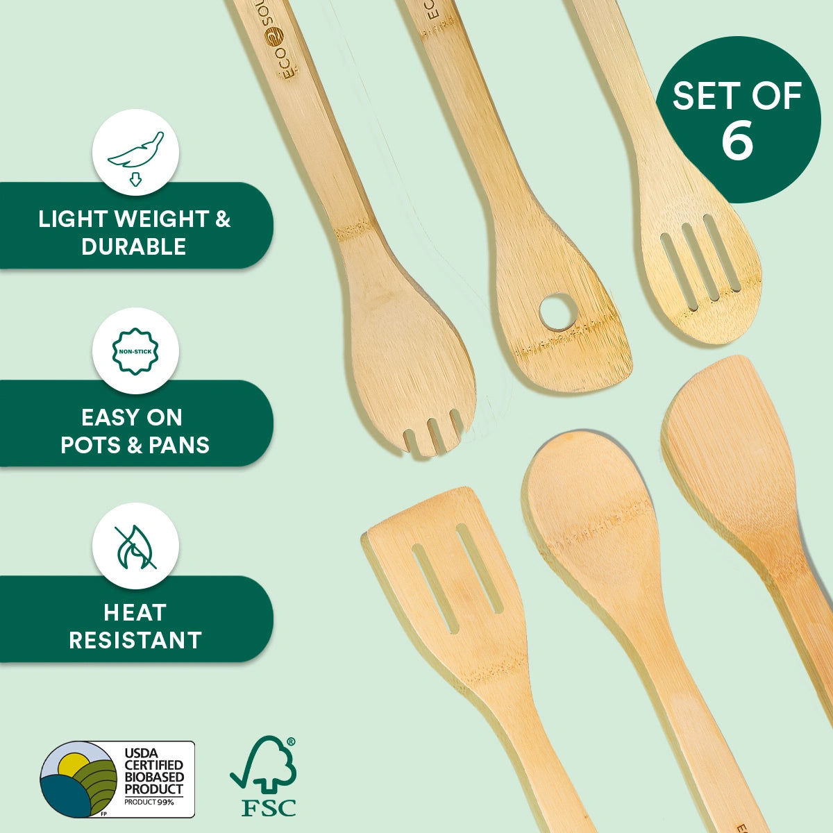 Set of 6 Bamboo Kitchen Utensils